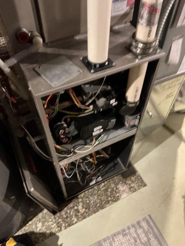 Responded to no heat complaint on 5-year-old Bryant high efficiency furnace. Diagnostic inspection revealed inducer draft motor was failing with grinding noise. Replaced draft motor and pressure switches to restore proper system operation. Unit had received maintenance service two weeks prior from another provider.