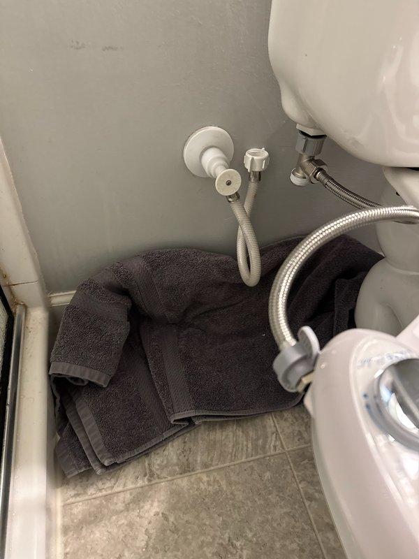 Replaced leaking toilet supply line and angle stop valve in master bathroom. Disconnected hose behind toilet was causing water damage. Installed new stop valve and supply tube to resolve the issue and restore proper water connection.