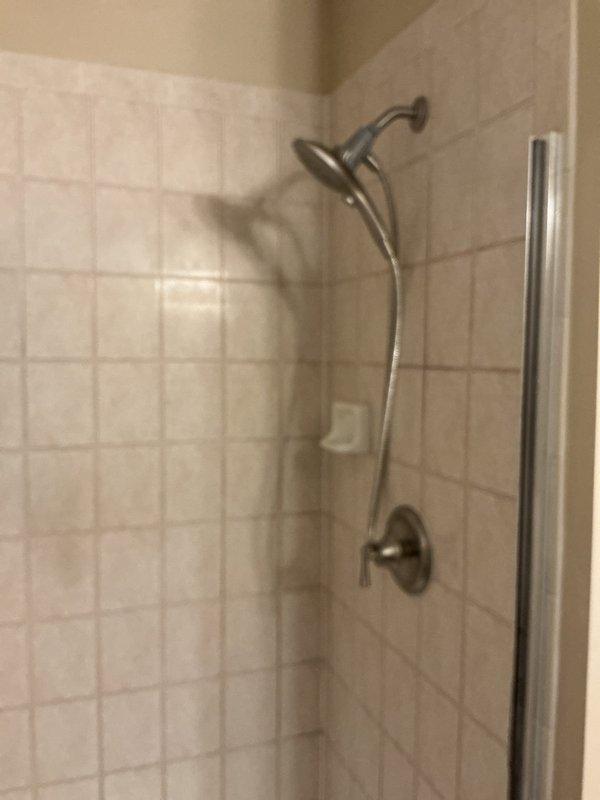 Completed shower valve replacement in bathroom. Removed old Delta cartridge that customer was unable to extract and installed new Moen shower valve with matching trim kit. Verified proper operation of new handheld showerhead with flexible hose mounted on adjustable bracket. System now functioning correctly with no leaks observed.