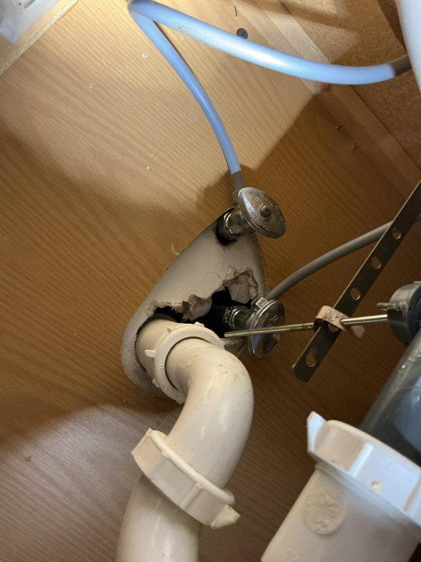 Diagnosed water hammering issue in upstairs bathroom cold water faucet occurring at full pressure. Replaced cold side shut-off valve and supply line; however, hammering persisted. As temporary solution, partially closed shut-off valve to reduce pressure and eliminate hammering noise.