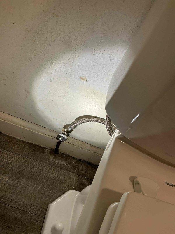 Replaced leaking toilet in Unit 1256 with new Gerber model due to water damage from tank leakage through center back bolt. Discovered recurring issue with white sediment clogging the fill valve, requiring line flushing and installation of new valve after initial replacement became obstructed.