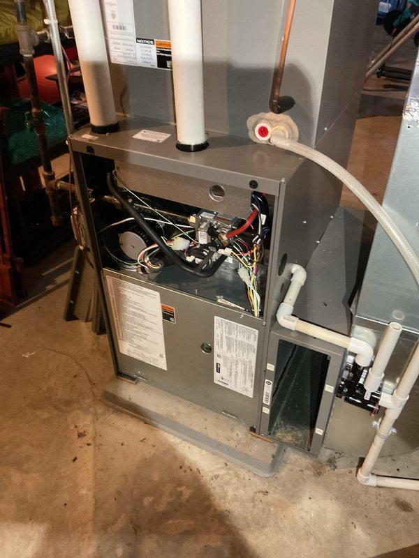 Performed routine inspection on 3-year-old natural gas furnace that was experiencing minor noise and intermittent second stage heating issues. Diagnosed code 311 caused by inadequate aftermarket MERV 16 filter; replaced with customer's alternate filter which resolved the heating stage problem and recommended proper healthy climate MERV 16 filter for future use. Added accelerator to exhaust pipe, noted heat pump in good condition, and found HRV motors non-operational with neglected core and filters; disconnected HRV unit and will provide quote for replacement motors or complete HRV system.