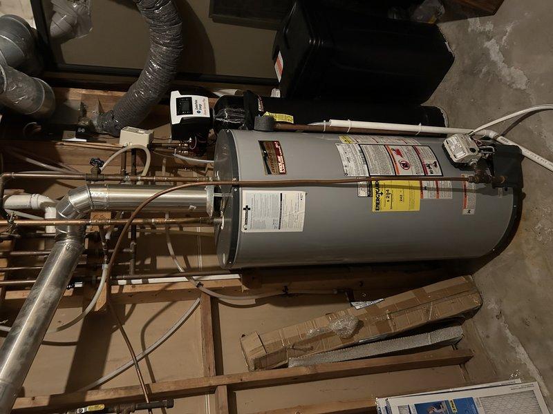 Responded to service call for multiple plumbing issues. Diagnosed and repaired two leaking toilets, including replacement of wax ring on one unit. Successfully installed customer-supplied toilet. Water heater system was inspected and appeared to be functioning properly with no visible leaks in the connection points or valves.