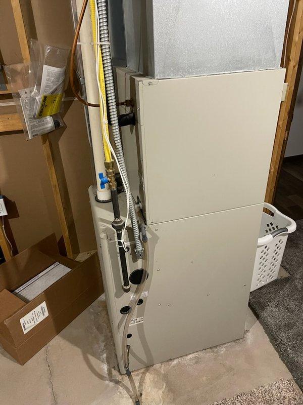 Diagnosed no heat issue on propane furnace with failed HSI (hot surface ignitor). Replaced ignitor and verified proper operation. Noted slight plugging in evaporator coil and secondary heat exchanger, along with minor burner fouling. Heat exchanger condition is good. System is now operational and heating properly.