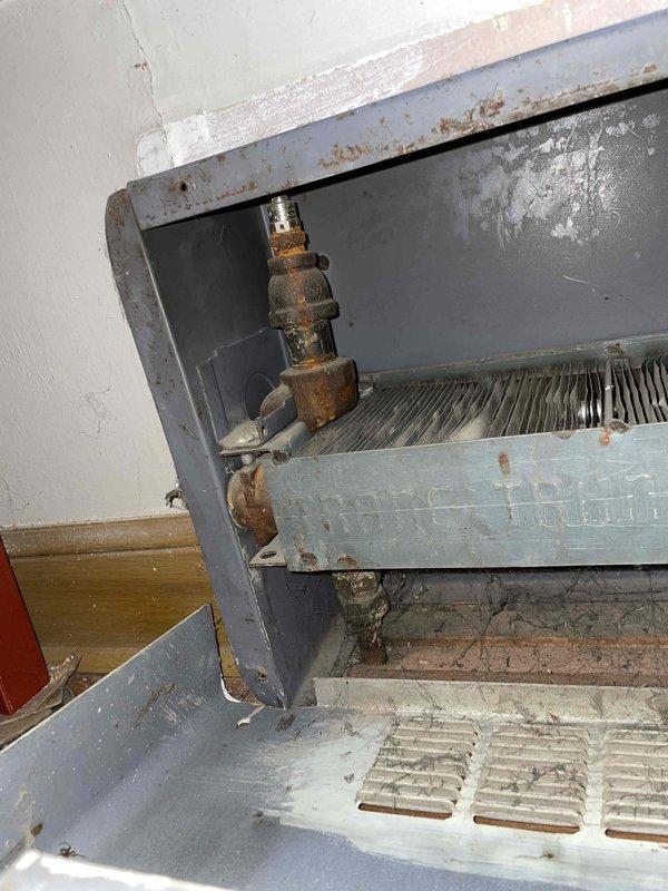 Responded to service call for boiler system with very low pressure. Determined auto fill valve was off, restored system pressure to 18 psi, and bled radiators throughout the property. Unable to bleed two radiators in living room due to inaccessible bleeders recessed into wall. Documented condition of aging backflow preventer valve and corrosion on heat exchanger components with photos.