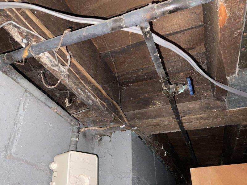 Conducted comprehensive plumbing inspection of basement/crawl space infrastructure. Documented condition of exposed plumbing system including copper supply lines, PEX piping, valves, and connection points. Noted aging wooden structural elements with no significant deterioration, though evidence of minimal moisture exposure was observed on concrete/plaster wall surfaces.
