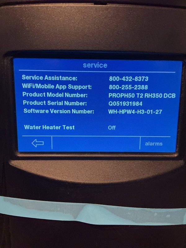 Responded to service call for A.O. Smith PROPH50 T2 RH350 DCB heat pump water heater that was beeping and displaying a high temperature code/compressor error. Diagnosed issue and resolved alarm by adjusting temperature setting to a lower level, which successfully cleared the fault code and restored normal operation.