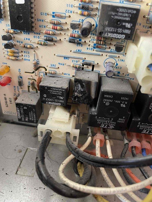Diagnosed control board failure on 10+ year old heating system where one of the relays failed (visible burn damage). Previous service call had addressed a spider web obstruction, not a motor replacement as customer had mentioned. Customer was advised of replacement board options but elected to seek alternative solutions. Diagnostic fee collected.