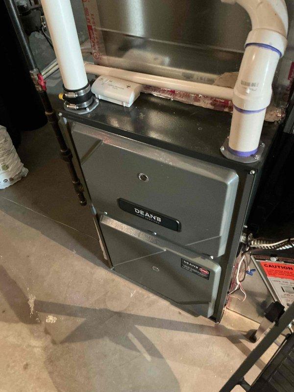 Responded to service call for intermittent thumping noise reported in ductwork near master bedroom. Conducted thorough testing of all HVAC zones but was unable to recreate the noise during inspection. Assessment suggests possible thermal expansion/contraction of ductwork causing occasional tapping sounds. Visually inspected DEANS furnace system and associated components - all equipment appears properly installed and functioning normally.
