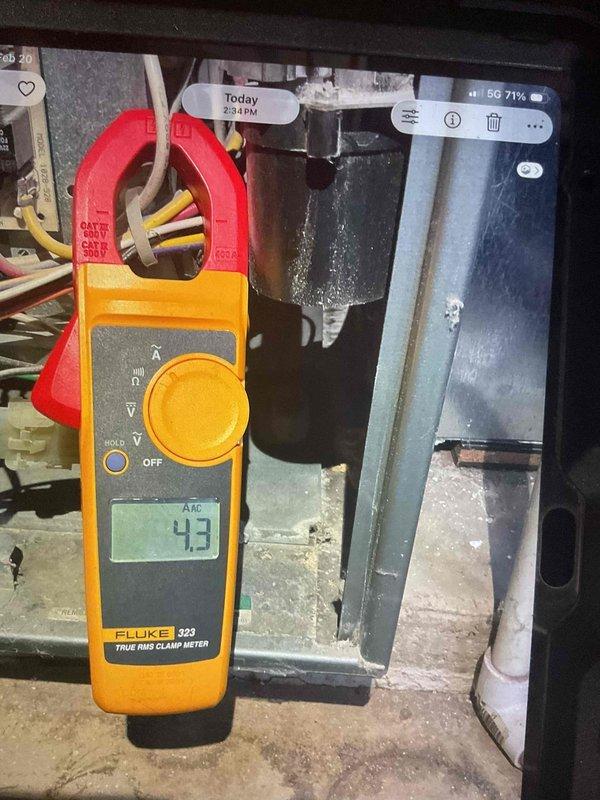 Conducted scheduled preventative maintenance on residential heating system consisting of one furnace and one humidifier. Performed electrical safety inspection with Fluke 323 True RMS Clamp Meter, verifying 4.3A current draw which is within normal operating parameters. System operating efficiently with no issues detected.