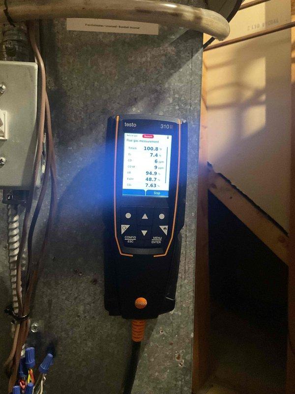 Responded to no heat call for 5-year-old Lennox furnace displaying 3 flashes indicating pressure switch open with inducer on. Cycled system which resolved the stuck pressure switch issue, and furnace successfully fired up. Conducted flue gas analysis with Testo 310 analyzer, confirming proper combustion efficiency between 94.9-95.0% with acceptable CO levels.