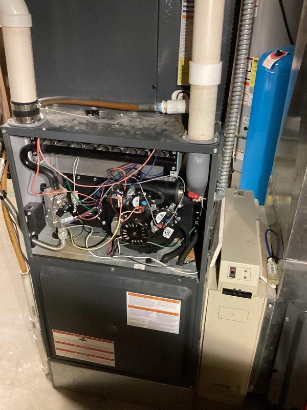 Responded to no-heat call for a furnace showing a red 5-flash error code. Diagnosed moisture intrusion from fresh air intake pipe dripping onto rollout switch causing limit switch error. Cleaned affected components, restored normal operation, and performed heat exchanger inspection with no defects found.