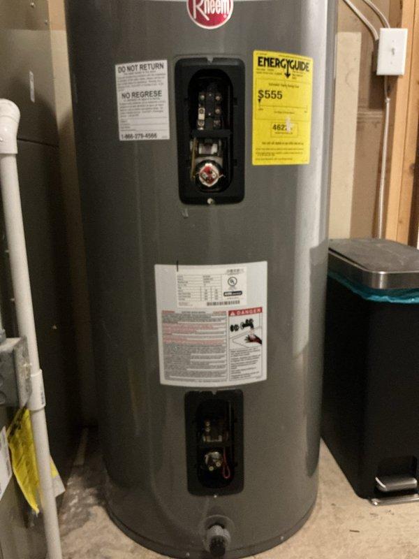 Diagnosed Rheem water heater with no hot water output. Determined faulty heating elements and thermostat were the source of the problem. Installed new heating elements and thermostat, then verified proper operation and confirmed no leaks present in the system.