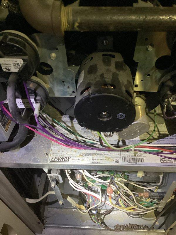 Performed routine furnace tune-up on Lennox FRP system of unknown age. Inspected all components including heat exchanger, electrical connections, condensate lines, and venting with no immediate concerns found. System operated properly during 10-minute test run with appropriate temperatures, however noted inducer motor making abnormal noise and significant burner corrosion; recommended obtaining pricing for inducer replacement.