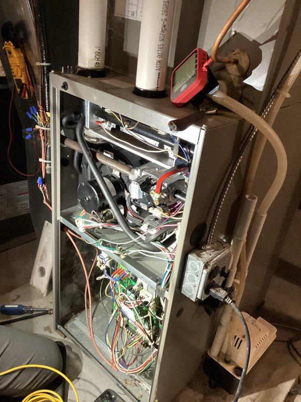 Performed comprehensive inspection on 3-year-old furnace due to customer concern about increased natural gas usage. Diagnostic testing revealed normal operation with proper combustion readings (11ppm in low fire, 24ppm at exhaust) and appropriate gas pressures (1.6 low fire, 3.4 high fire). Clocked meter at 42-62 thousand BTUs in low/high fire. Heat exchanger inspection showed no compromises, and no gas leaks were detected at furnace or meter. Customer was advised that increased gas consumption was not related to furnace operation.