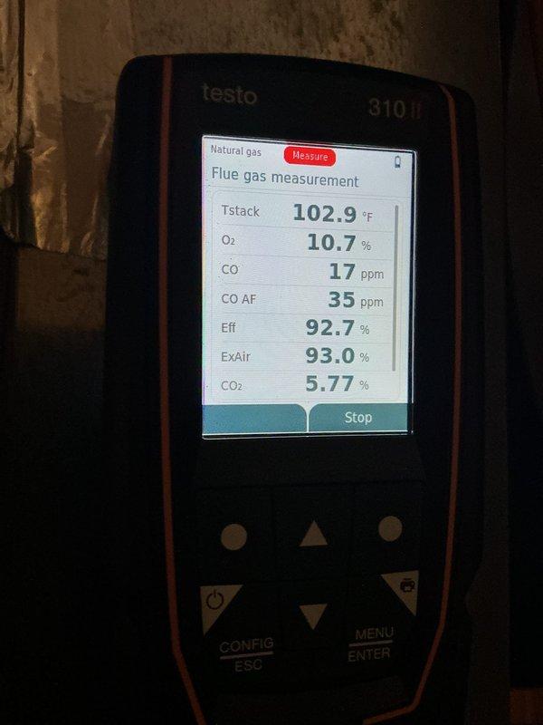 Performed comprehensive furnace inspection on 11-year-old unit. Diagnostic testing showed furnace operating at 92.7% efficiency with acceptable CO levels. Identified three issues requiring attention: broken electronic air cleaner, UV bulb requiring replacement, and failing ignition components. Submitted parts order form and will return to complete repairs once parts are sourced.