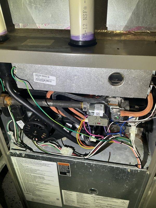 Performed preventative maintenance on a 12-year-old Lennox furnace system with integrated UV lights. Inspected internal components including electrical connections, control board, and ventilation pipes, finding all in good working condition. Advised customer on proper filter replacement (16x26x5 size) and provided website information for ordering.