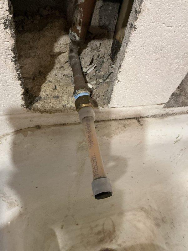 Installed new mop sink faucet in utility area after diagnosing missing main ball valve handle. Added necessary valve after the meter and completed plumbing connections by transitioning from existing metal pipe to PEX line, ensuring proper water supply to the fixture.