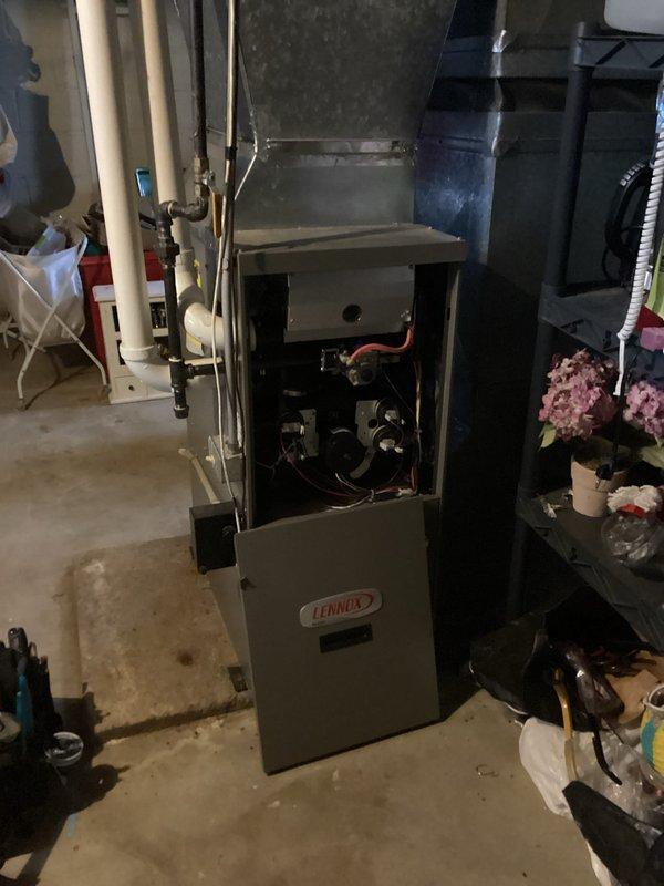 Responded to no heat complaint on Lennox furnace experiencing high fire pressure switch fault. Diagnosed issue with leaking seal between collector box and inducer motor; temporary seal replacement did not resolve problem. Set dip switch #1 to OFF to maintain first-stage heat operation until scheduled return visit to replace collector box. Customer also requested thermostat upgrade, which will be completed during follow-up service.