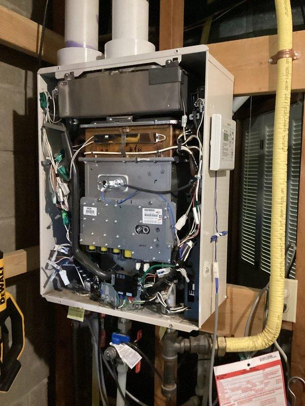 Performed diagnostic assessment on Noritz tankless water heater system after customer reported high CO levels previously detected by Centerpoint technician. Inspected combustion chamber, venting system, and control panel displaying "120". Confirmed elevated CO2 readings indicating potential airflow or combustion issue, but system currently operating within acceptable parameters. Will monitor system performance and recommend follow-up if conditions change.