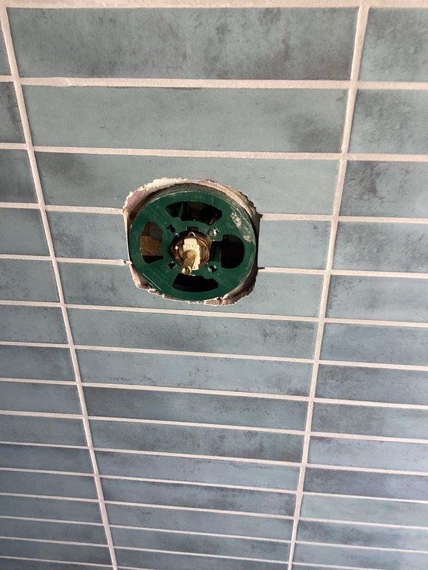 Arrived after 12pm as requested to complete shower installation. Successfully installed shower trim components and connected all necessary plumbing fixtures through existing blue-green tiled surface. Verified proper water flow and functionality of the newly installed shower system.