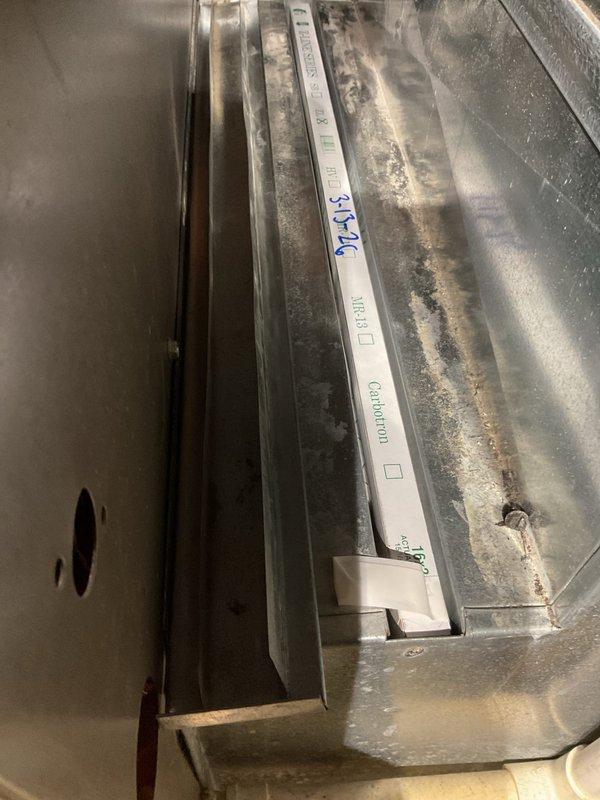 Performed maintenance agreement service on HFR furnace of unknown age. System shows signs of previous repair work and significant wear. Inspected thermostat (set to 70° heat) and documented equipment condition, noting accumulated dust and debris requiring cleaning. Completed standard furnace tune-up procedures per 12-4 agreement specifications.