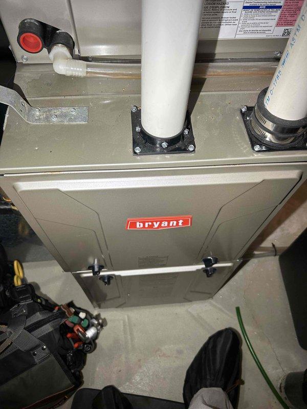 Diagnosed no heat issue on 29-year-old Bryant furnace that previously had inducer motor and gas valve replacement. Performed gas pressure testing at low and high fire settings. Identified excessive airflow noise during operation; removed air filter for testing which significantly reduced noise and lowered supply air temperature by 30°F. Determined root cause was severely restricted airflow from dirty filter. Replaced with new MERV 8 filter, restoring proper system operation.