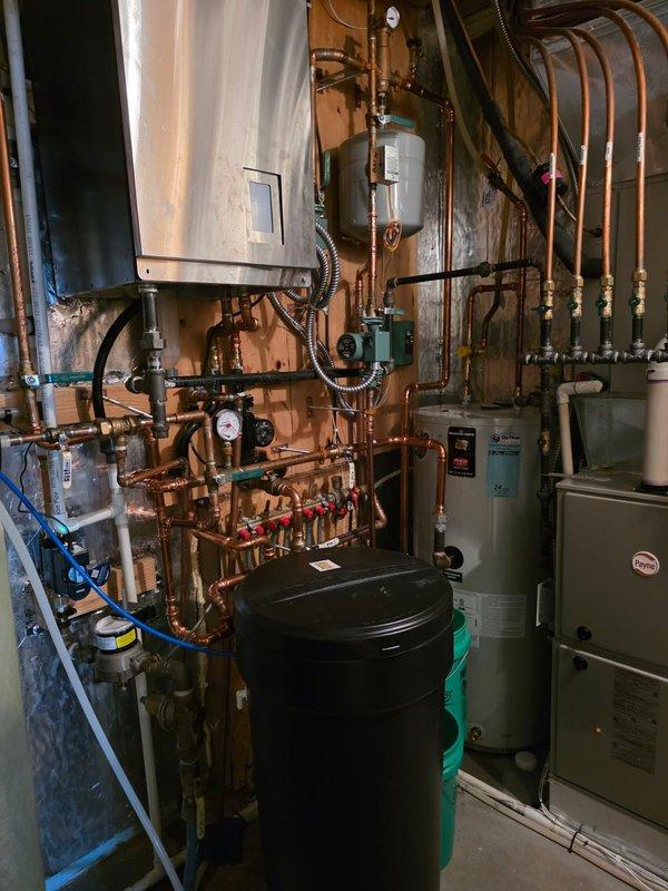 Diagnosed persistent pressure loss in hydronic boiler system after multiple service attempts by other companies. Conducted thorough inspection of copper distribution piping, manifold, and expansion tank. Identified and repaired faulty pressure relief valve and corrected expansion tank pre-charge, restoring system pressure stability and proper operation.