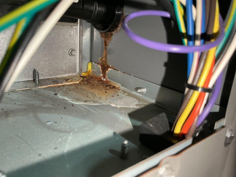 Diagnosed 7-year-old furnace with intermittent shutdown and water leakage issues, determining the cause to be a failing inducer draft motor and leaking collector box causing pressure switch to open. Confirmed safe CO levels in flue and good heat exchanger condition, submitted parts order for collector box/condensate trap and inducer draft motor, and provided temporary space heaters until repair can be completed upon parts arrival.