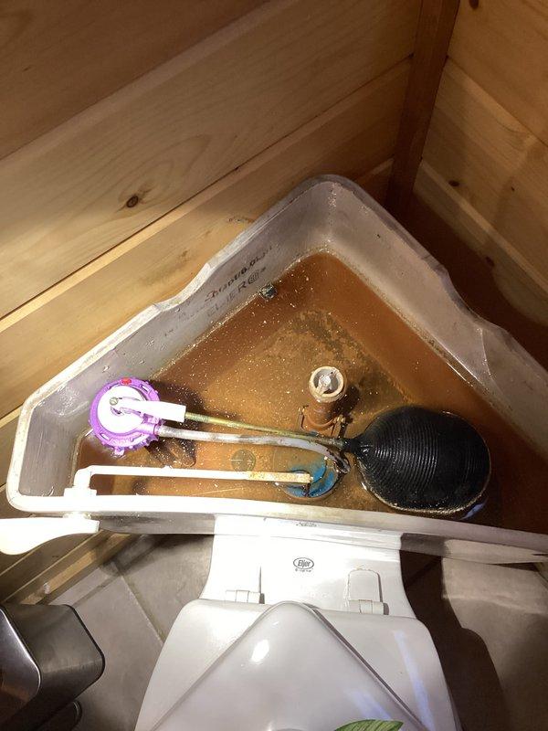 Completed plumbing inspection of residential water system. Inspected pressure tank installation with associated valves and PVC connections. Noted significant sediment/mineral buildup in toilet tank with discolored water, indicating potential water quality issues that may require further attention.