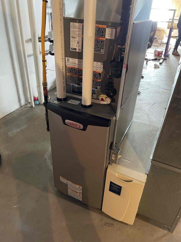 Responded to service call for Lennox furnace displaying error code 163 (refrigerant detection). Diagnosed RDS (Refrigerant Detection System) error on thermostat. Cycled power to temporarily clear the code and verified refrigerant pressure at 150 psi, which is within normal range for ambient temperature. Recommended replacement of RDS sensor/board and completed part order form for the component.