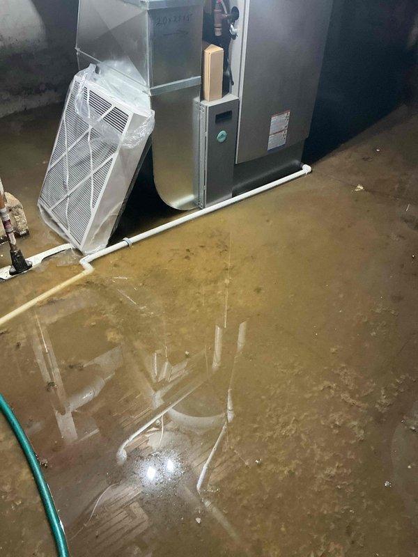 Responded to no heat call for furnace installed last year. Discovered significant basement flooding with sewage backup that compromised the system drain line. Vacuum-cleaned the drain line to restore proper drainage functionality and tested system operation after addressing the water damage.