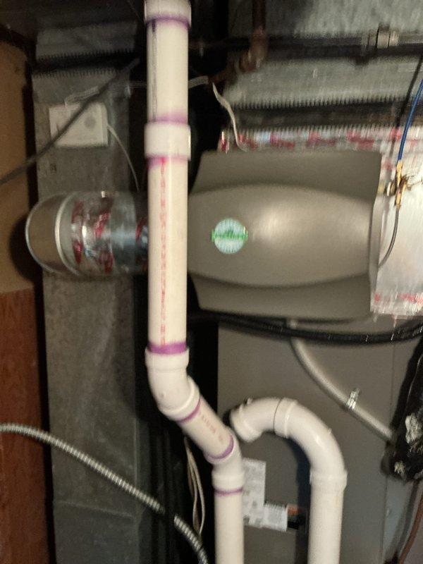 Responded to callback for Aprilaire humidifier malfunction following recent furnace and air conditioning installation. Humidifier would only operate when thermostat fan was set to "on" or "circulate" mode but failed to function during automatic heating cycles. Diagnosed issue as improper wiring at furnace control board—heating call wire was not connected to W1 terminal. Landed wire on W1 terminal of control board, restoring proper humidifier operation in all modes including automatic heating.