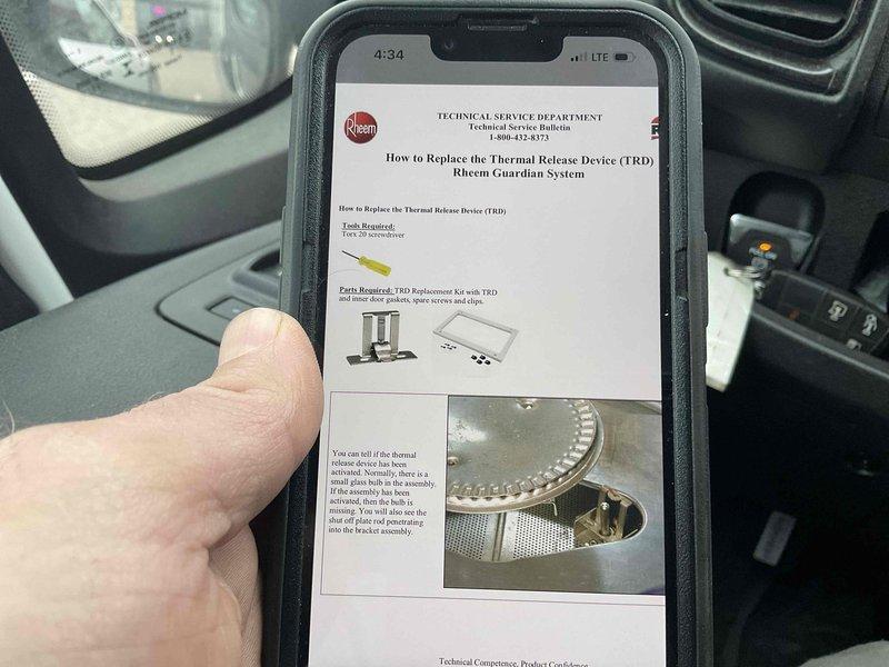 Responded to a non-operational Rheem water heater that had previously been diagnosed for burner assembly replacement. Upon inspection, determined the burner replacement did not resolve the issue. Diagnosed a melted Thermal Release Device (TRD), which is Rheem's flammable vapor sensor component in their Guardian System, as the root cause of failure. Referenced technical service bulletin for proper TRD replacement procedures and documented the failed component. Recommended immediate replacement of the Thermal Release Device to restore water heater operation.