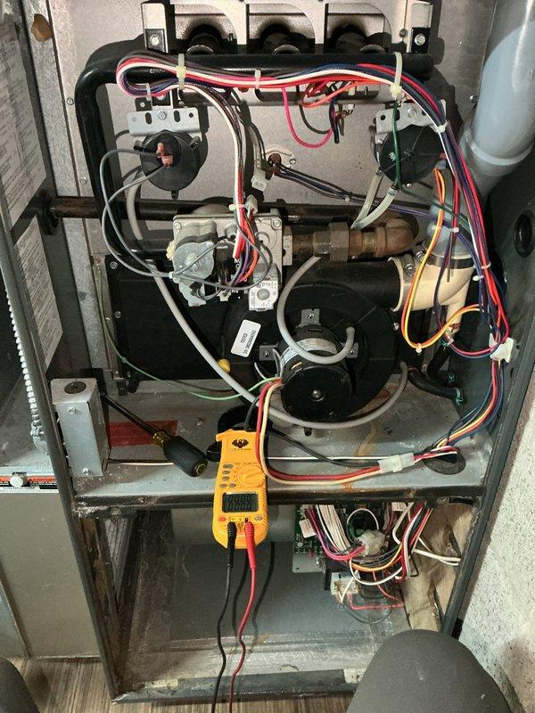 Responded to no heat call on 20-year-old furnace system. Upon inspection, diagnosed failed control board and ignitor preventing unit operation. Due to age of equipment and extent of component failures, recommended and received approval for complete furnace replacement. Removed old unit and installed new furnace system. Tested all safety controls, verified proper ignition sequence, confirmed adequate airflow through blower assembly, and ensured system achieved proper temperature rise. Unit operating within manufacturer specifications upon departure.