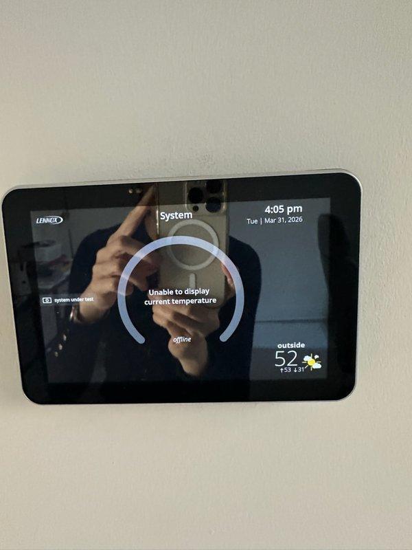 Responded to no heat call on a five-year-old Lennox furnace system. Upon arrival, found the Lennox S30 thermostat displaying "device lost connection" error message and showing offline status, unable to display current temperature. Performed diagnostic testing on the system and determined the S30 interface was not sending signal from the furnace control board to the thermostat. Verified furnace unit was otherwise operational but unable to communicate with the thermostat. Submitted warranty claim information for the S30 controller replacement due to communication failure between the control board and thermostat interface.