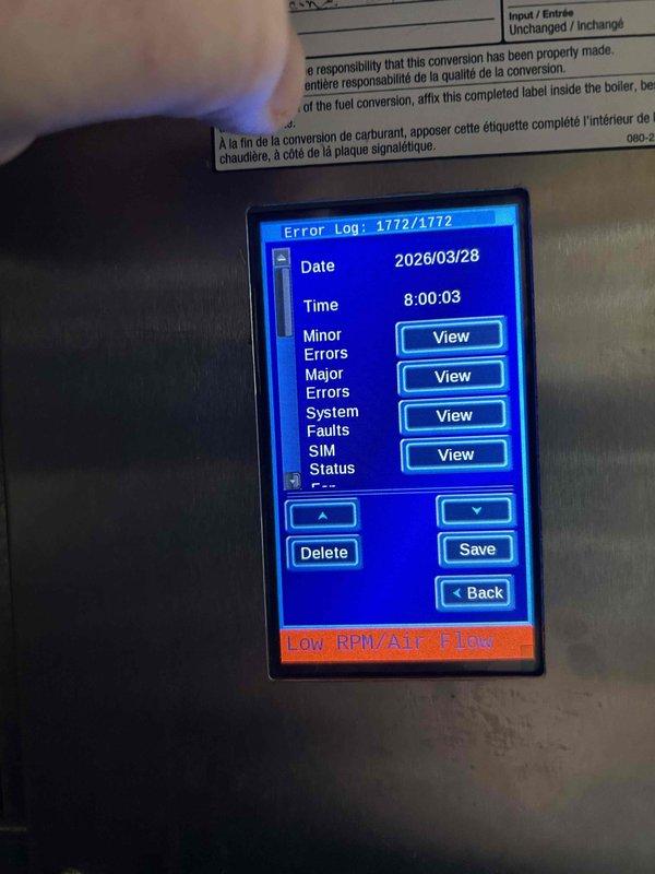 Responded to no heat call and found heating equipment locked out on low RPM/air flow error code for the inducer motor. Performed power cycle reset, and system successfully fired up, brought water to temperature, and circulated properly. Monitored equipment through complete heating cycle with no recurring faults. Advised homeowner to monitor system operation, noting that inducer motor was previously replaced approximately two years ago and is functioning within normal parameters at this time.