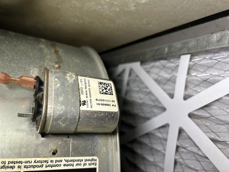 Performed comprehensive furnace tune-up on residential heating system. Tested furnace operation and verified proper temperature rise across heat exchanger. Replaced air filter and cleared condensate drain line to ensure proper drainage. Conducted thorough inspection of routine components including blower assembly and ignition system.

During diagnostic testing, identified blower capacitor showing early signs of weakness with declining performance indicators. Tested hot surface igniter at room temperature, measuring resistance at 36 ohms compared to normal operating specification of 50 ohms, indicating degradation. Observed accumulation of dirt and debris on blower wheel and secondary heat exchanger requiring cleaning attention.

Documented findings with electrical measurements using digital multimeter on blower motor and capacitor components. Provided customer with detailed assessment of current system condition and maintenance recommendations for identified components showing wear. Sy