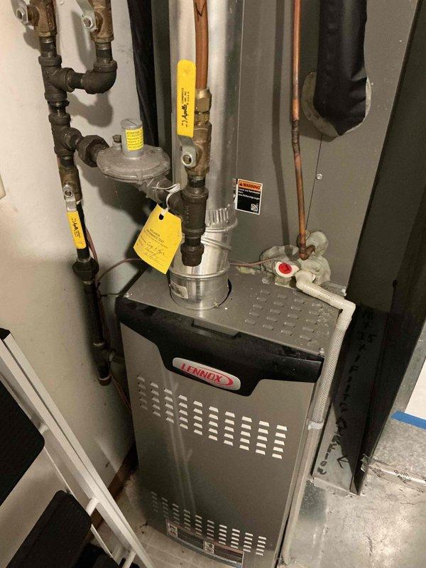 Responded to no cooling call on Lennox HVAC system less than 10 years old. Upon arrival, ambient outdoor temperature was too low to safely assess cooling system performance and accurately diagnose refrigerant circuit operation. Return visit scheduled when outdoor temperatures reach acceptable range for proper air conditioning system evaluation and testing.