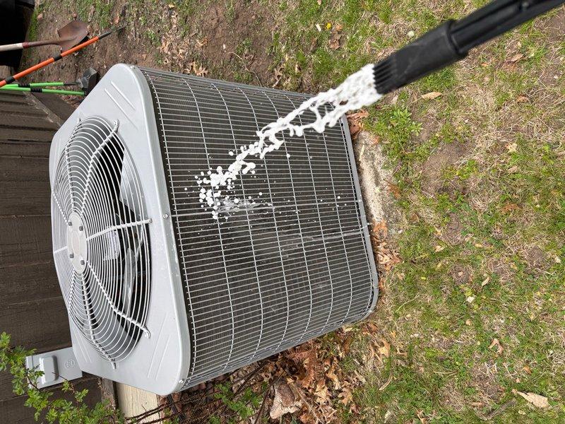 Completed annual air conditioning tune-up and maintenance service on 2-year-old ICP system under membership agreement. Performed comprehensive inspection of outdoor condenser unit, applied foaming coil cleaner to remove accumulated dirt and debris from condenser coils and top grille to restore optimal heat transfer efficiency. Service was expedited due to scheduling constraints at the property.