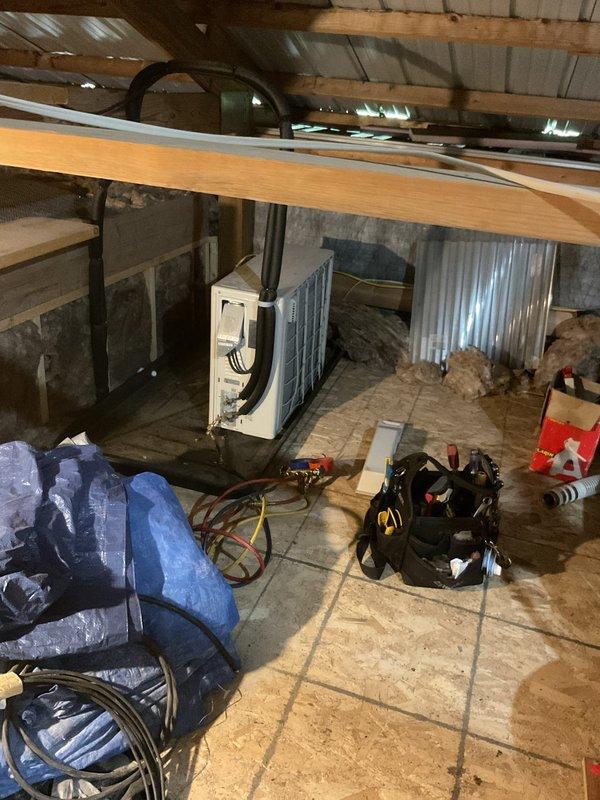 Responded to service call for Fujitsu mini split system experiencing heating malfunction with blinking power light, though cooling function remained operational. Diagnosed system as low on refrigerant charge and added 2.0 lbs of refrigerant to restore heating capability. Suspected refrigerant leak located in evaporator coil; system returned to normal operation as temporary solution until unit replacement.