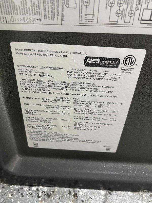 Performed comprehensive A/C maintenance on one Daikin condensing unit and GMS960603BNAB furnace system. Conducted thorough inspection of all major components including air filter, thermostat operation, temperature drop across evaporator coil, condenser unit, evaporator and condenser coils, blower and condenser motors, run and start capacitors, compressor operation, refrigerant charge levels, and condensate drain system. Verified electrical connections and measured amperage draw using calibrated testing equipment. All components inspected and found to be functioning within normal operating parameters at time of service with ambient temperature at 50 degrees.
