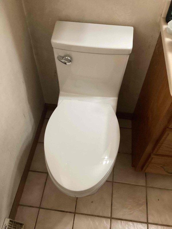 Completed same-day toilet replacement in residential bathroom. Removed existing two-piece toilet and properly disconnected water supply line. Hauled away old fixture as requested. Installed customer-supplied toilet, ensuring proper seating with new wax ring seal, secure floor bolting, and correct water supply connection. Verified flush operation and checked for leaks. Left work area clean with fully functional toilet installation.