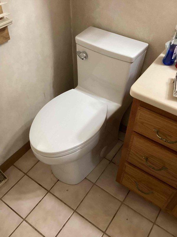Completed same-day toilet replacement in residential bathroom. Removed existing two-piece toilet and properly disconnected water supply line. Hauled away old fixture as requested. Installed customer-supplied toilet, ensuring proper seating with new wax ring seal, secure floor bolting, and correct water supply connection. Verified flush operation and checked for leaks. Left work area clean with fully functional toilet installation.