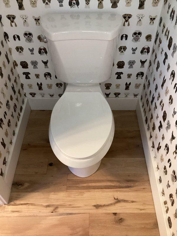 Completed reset and reinstallation of toilet and pedestal sink in powder room. Upon inspection, discovered the toilet flange was positioned 1/2" below the finished floor level, which would have compromised the seal and stability of the fixture. Installed appropriate flange spacer to bring the mounting surface flush with the floor plane, ensuring proper alignment and secure attachment. Successfully set both the toilet and pedestal sink, restoring full functionality to the fixtures with proper sealing and secure mounting.
