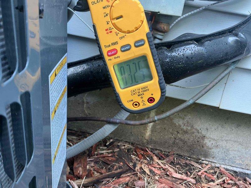 Performed scheduled maintenance on two cooling systems: a 1-year-old mini split unit and a 2-year-old Goodman central air conditioning system. On the mini split, removed and cleaned air filters, inspected blower fan and evaporator coil for cleanliness, and verified proper operation with a 24-degree temperature split across the coil. For the central AC unit, cleaned the outdoor condenser coil, performed electrical system diagnostics using clamp meter, replaced indoor air filter, and confirmed proper refrigerant operation with condensation present on suction line and a 20-degree temperature split at the indoor evaporator coil. Both systems tested within normal operating parameters with no deficiencies identified and no repair recommendations necessary at this time.