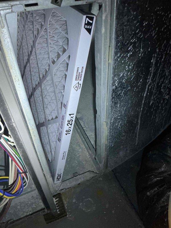 Completed annual air conditioning tuneup and inspection on Lennox HVAC system. Verified operational status of all components, inspected 16x25x1 FPR 7 air filter in proper position within air handler housing, and confirmed PVC condensate drain lines are clear with proper labeling. System is functioning within normal parameters with no deficiencies noted at this time.