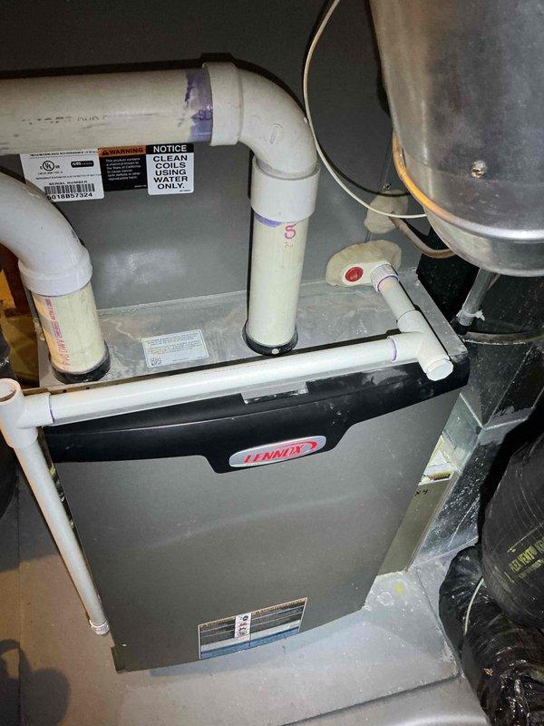 Completed annual air conditioning tuneup and inspection on Lennox HVAC system. Verified operational status of all components, inspected 16x25x1 FPR 7 air filter in proper position within air handler housing, and confirmed PVC condensate drain lines are clear with proper labeling. System is functioning within normal parameters with no deficiencies noted at this time.