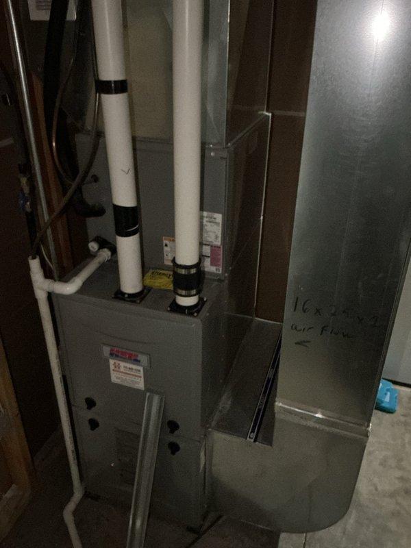 Completed comprehensive 12-4 AC tune-up on 8-year-old FRP system. Replaced air filter, thoroughly cleaned outdoor condensing unit, and tested all system components including electrical connections, refrigerant pressures, and operational controls. Documented equipment make, model, and serial number information with photographs of both the furnace unit and water heater for maintenance records. All systems tested and operating within normal parameters upon completion.