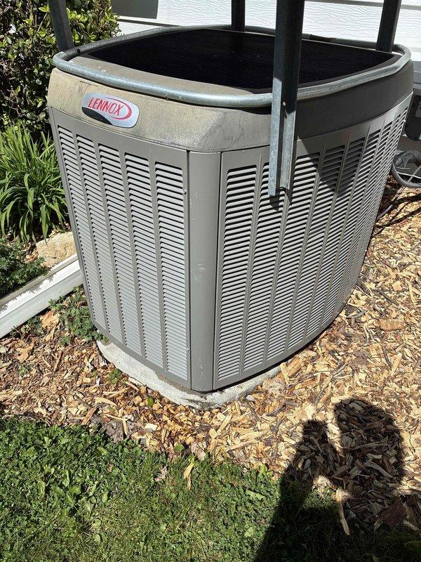 Completed preventive maintenance on 15-year-old Lennox air conditioning system. Cleaned outdoor condenser unit, inspected all electrical components and connections, verified air filter condition, and cleared condensate drain line. All systems tested and operating within normal parameters with no deficiencies identified.